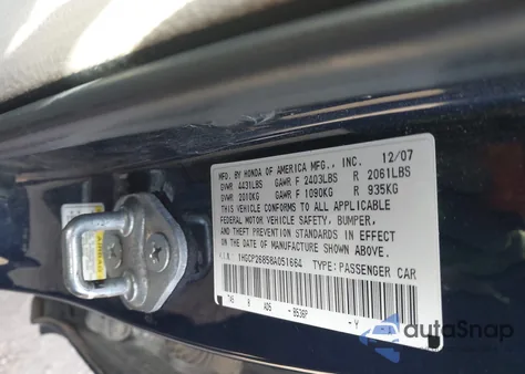 2008 Honda Accord 2.4 Ex-L из США, поврежденный, VIN 1HGCP26858A051664